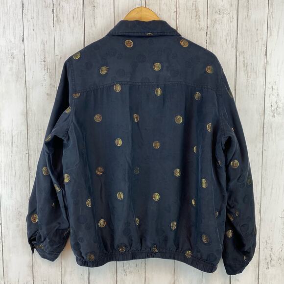 VTG Mureli Women's Black Gold Printed Silk Bomber Windbreaker Jacket Size Large - Picture 7 of 12
